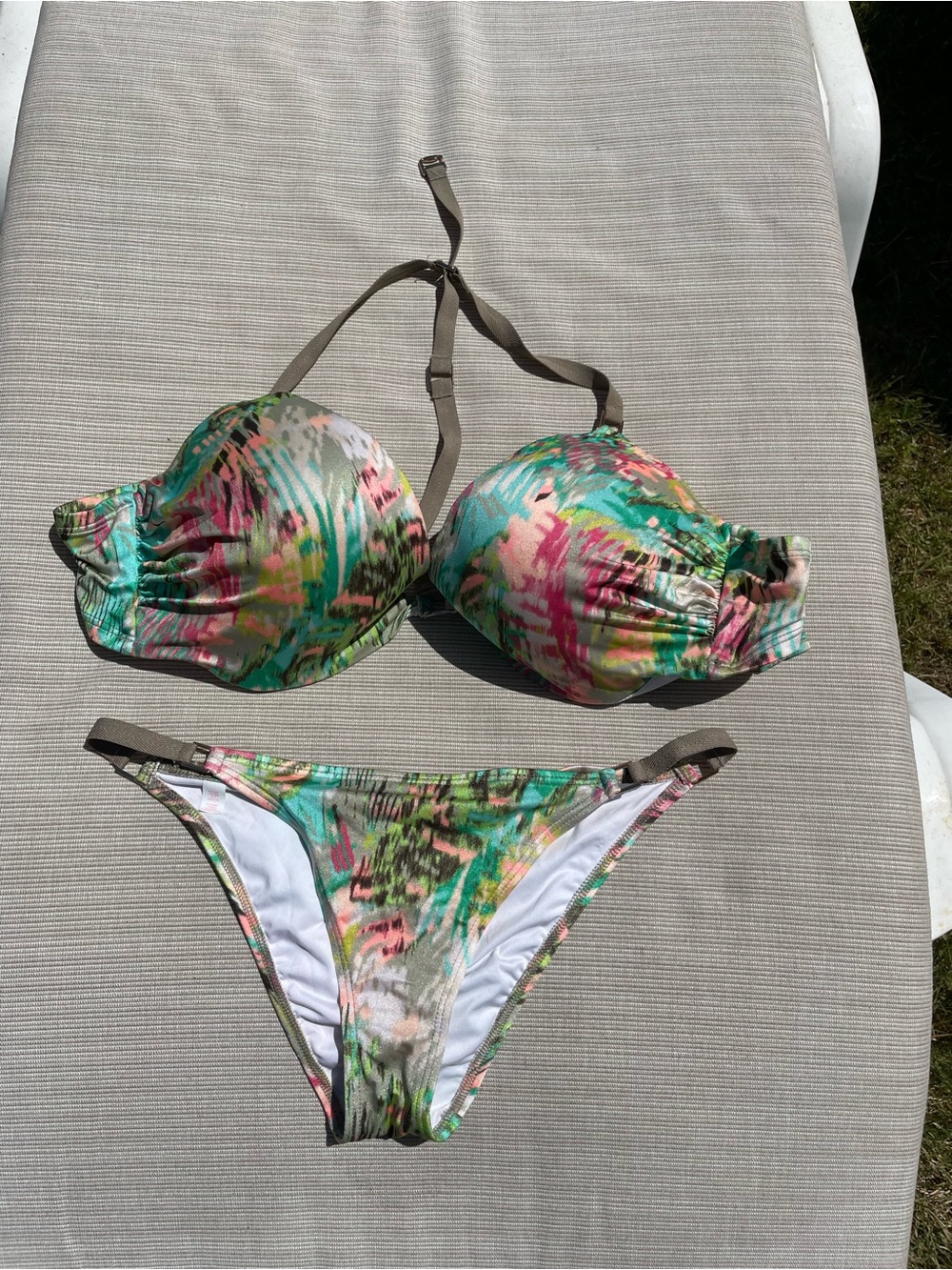 Victoria's Secret Multicolor Floral-Print Push-Up Bikini - Green Pink 36DD/M